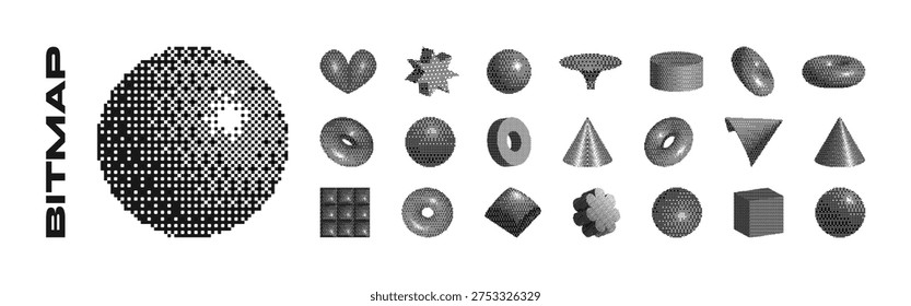 Bitmap pixelated abstract geometric 3d shapes set. Retro futuristic y2k trendy minimalist raster effect. Pixel art 8 bit collection. Dither Halftone flower, heart, sphere, star, donut cylinder pyramid