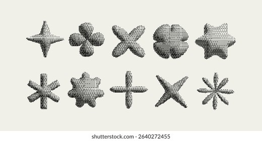 Bitmap pixelated abstract geometric shapes. Retro futuristic elements for design in y2k style. Trendy minimalist raster effect.