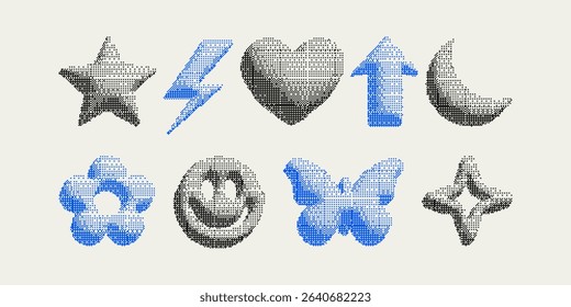 Bitmap pixelated abstract geometric shapes. Retro futuristic elements for design in y2k style. Trendy minimalist raster effect.