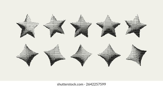 Bitmap pixelated abstract geometric shapes. Retro futuristic elements for design in y2k style. Trendy minimalist raster effect.