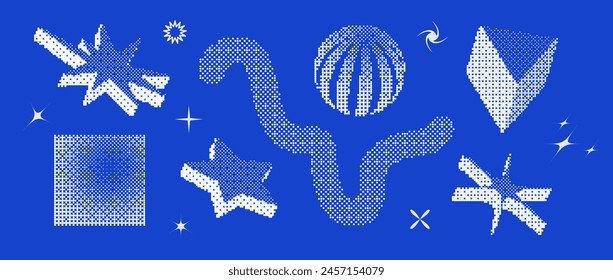 Bitmap pixelated shape set. Dither halftone geometric object collection. White sphere, square, stars, sparkles, prism elements for banner, poster, leaflet. Pixel 3d raster effect bundle. Vector pack