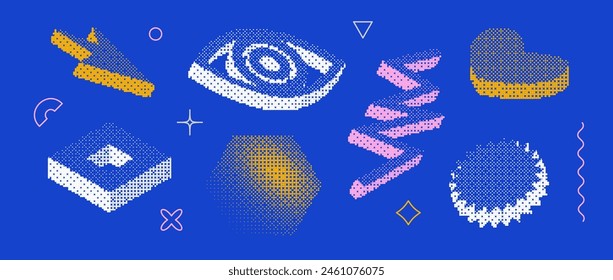 Bitmap pixelated shape set. Dither halftone geometric object collection. Eye, arrow, zigzag, heart, hexagon, star elements for banner, poster, leaflet. Pixel 3d raster effect bundle. Vector pack