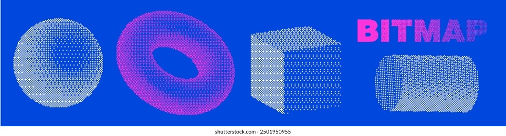 Bitmap pixelated simple 3d shapes set. Dither halftone geometric object collection. Pixelated sphere, ring, cube, cylinder elements for 80s banner, poster, leaflet. Pixel effect Vector illustration.