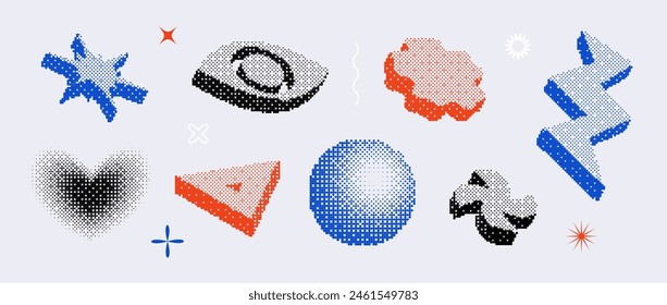 Bitmap shape set. Dither halftone geometric object collection. Pixelated eye, flower, heart, sphere, zigzag, star elements for banner, poster, leaflet. Pixel 3d raster effect bundle. Vector pack