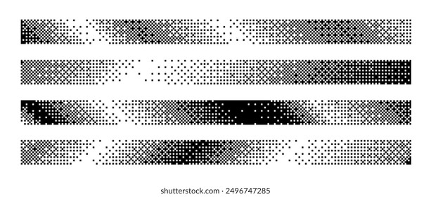 Conjunto de borde de degradado inclinado de mapa de bits. Colección diagonal punteada de encabezado o pie de página. Elemento pixelado de la decoración del rectángulo para el Anuncio, cartel, anuncio, cubierta. Rayas Horizontales de Vector