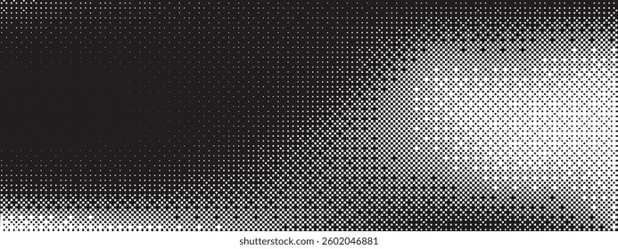 Bitmap texture background. Pixel dithering gradient. Black and white random pixels pattern. Retro glitchy vector art illustration. Monochromatic dissolve effect. 8 bit video game screen wallpaper.