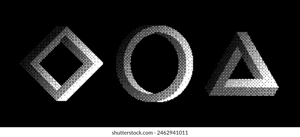 Bitmap-Struktur: Unmögliche Formen festgelegt. Dither Halbton geometrische Objekte Kollektion. Schwarzes Dreieck, Kreis, quadratische Elemente für Banner, Poster, Broschüre. Pixeliertes 3D-Rastereffekt-Paket. Vektorgrafik