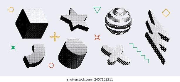 Bitmap textured shape set. Dither halftone geometric object collection. Black sphere, cube, arc, cylinder, star, bolt elements for banner, poster, leaflet. Pixel 3d raster effect bundle. Vector pack