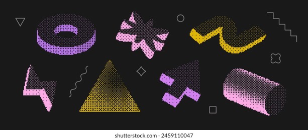 Bitmap textured shape set. Dither halftone objects collection. Colorful cylinder, arrow, bolt, ring, wave, triangle elements for banner, poster, leaflet. Pixelated 3d raster effect bundle. Vector pack