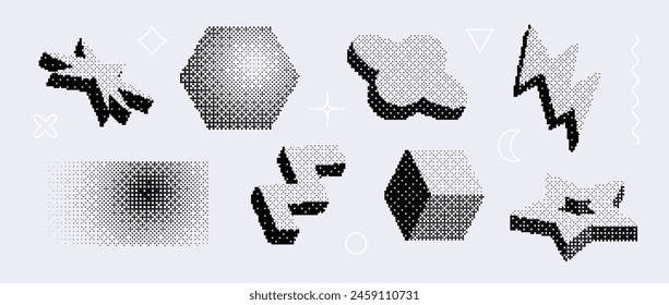 Bitmap textured shape set. Dither halftone geometric object collection. Black cube, zigzag, star, bolt, flower, hexagon elements for banner, poster, leaflet. Pixel 3d raster effect bundle. Vector pack