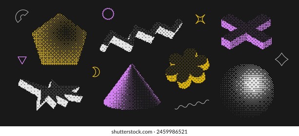 Bitmap textured shape set. Dither halftone object collection. Colorful pentagon, zigzag, plus, flower, cone, sphere elements for banner, poster, leaflet. Pixelated 3d raster effect bundle. Vector pack