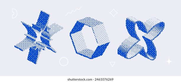 Bitmap textured shape set. Dither halftone objects collection. Blue 3d flower, star, rhombus elements for banner, poster, leaflet. Abstract pixelated raster effect bundle. Vector pack