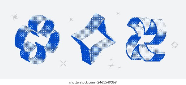 Bitmap textured shape set. Dither halftone objects collection. Blue 3d flower, star, rhombus elements for banner, poster, leaflet. Abstract pixelated raster effect bundle. Vector pack