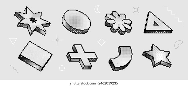 Bitmap textured shape set. Dither halftone objects collection. Black 3d flower, star, cross, arch, triangle elements for banner, poster, leaflet. Abstract pixelated raster effect bundle. Vector pack