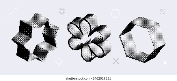 Bitmap textured shape set. Dither halftone objects collection. Black 3d flower, star, hexagon elements for banner, poster, leaflet. Abstract pixelated raster effect bundle. Vector pack