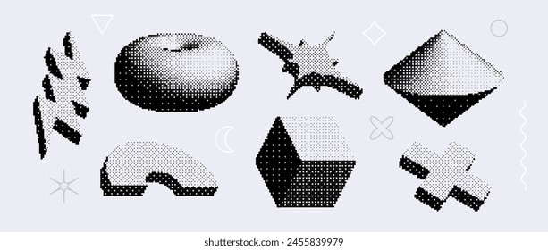 Bitmap textured shapes set. Dither halftone geometric objects collection. Black torus, cube, cross, star, bolt elements for banner, poster, leaflet. Pixelated 3d raster effect bundle. Vector pack