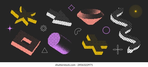 Bitmap textured shapes set. Dither halftone objects collection. Colorful cylinder, arrow, cross, star, wave, elements for banner, poster, leaflet. Pixelated 3d raster effect bundle. Vector pack