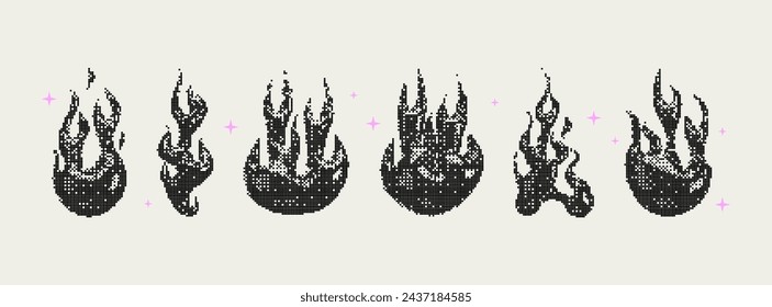 Bitmap Y2K fire shapes.Set of trendy different pixel graphic elements. Retro futuristic clip art stickers for collage, retro design, t-shirt. 8 bit. Vector illustration. 