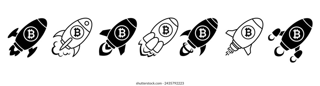 Bitcoin Rocket - colección de iconos vectoriales. Concepto de crecimiento de precios de Bitcoin.