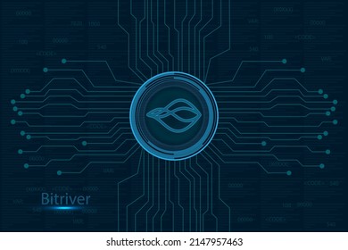 Bitriver coin symbol with lights and wireframe circuit. Modern futuristic logo or icon for crypto coin exchange. Cryptocurrency Blockchain technology, digital innovation or trade exchange. - Shutterstock ID 2147957463