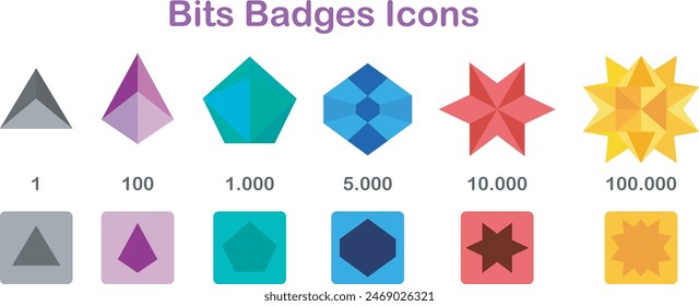 Bits Badges Icons of Twitch. Bit icons for gaming social media.