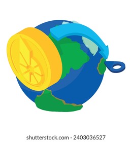 Bitshares cryptocurrency icon isometric vector. Bitshares coin on globe with pin. Money transfer, cryptocurrency concept