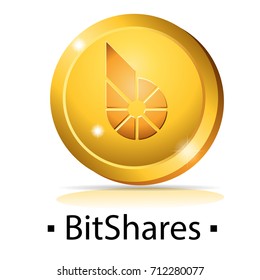 BitShares. Gold coin with cryptocurrency logo. Vector illustration isolated on white background.