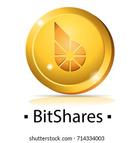 BitShares. Gold coin with cryptocurrency logo. Vector illustration isolated on white background.