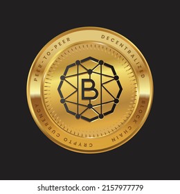 BITSU Cryptocurrency logo in black color concept on gold coin. Bitsubishi Coin Block chain technology symbol. Vector illustration for banner, background, web, print, article.
