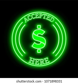 Bitsum (BSM) green  neon cryptocurrency symbol in round frame with text "Accepted here"