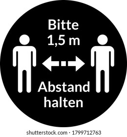 Bitte 1,5 m Abstand halten ("Por favor mantenga una distancia de 1,5 metros" en alemán) Icono de etiqueta de instrucción de distanciamiento social redondo. Imagen vectorial.