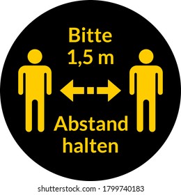 Bitte 1,5 m Abstand halten ("Por favor mantenga una distancia de 1,5 metros" en alemán) Icono de etiqueta de instrucción de distanciamiento social redondo. Imagen vectorial.