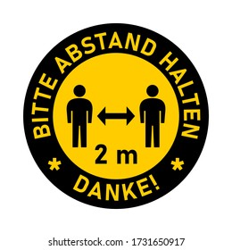 Bitte Abstand Halten Danke ("Please Keep Your Distance Gracias" en alemán) 2 m ó 2 m de distancia social de señalización de tráfico estilo de señalización de suelo redondo marcando icono de instrucción de distintivo. Imagen vectorial.