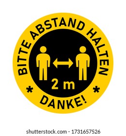 Bitte Abstand Halten Danke ("Please Keep Your Distance Gracias" en alemán) 2 m ó 2 m de distancia social de señalización de tráfico estilo de señalización de suelo redondo marcando icono de instrucción de distintivo. Imagen vectorial.