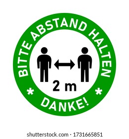 Bitte Abstand Halten Danke ("Please Keep Your Distance Gracias" en alemán) 2 m ó 2 m de distancia social de señalización de tráfico estilo de señalización de suelo redondo marcando icono de instrucción de distintivo. Imagen vectorial.