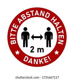 Bitte Abstand Halten Danke ("Please Keep Your Distance Gracias" en alemán) 2 m ó 2 m de distancia social de señalización de tráfico estilo de señalización de suelo redondo marcando icono de instrucción de distintivo. Imagen vectorial.