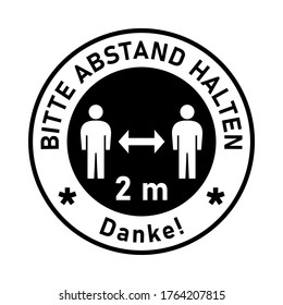 Signo de advertencia de distancia social de 2 m ó 2 m de ancho alrededor de la banda Halten Danke ("Please Keep Your Distance Gracias" en alemán). Imagen vectorial.