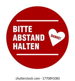 Bitte Abstand Halten Danke ("Please Keep Distance Thank You" (Por favor, mantente a distancia gracias) Vuelo Social Distance Floor Marking Sticker Icon (Icono de marcación de tabletas para cola con símbolo del corazón). Imagen vectorial.