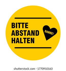 Bitte Abstand Halten Danke ("Please Keep Distance Thank You" (Por favor, mantente a distancia gracias) Vuelo Social Distance Floor Marking Sticker Icon (Icono de marcación de tabletas para cola con símbolo del corazón). Imagen vectorial.