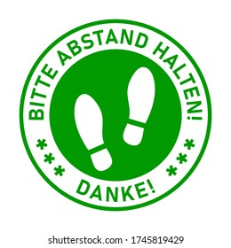 Bitte Abstand Halten ("Keep Your Distance Thank You" in German) Round Social Distancing Floor Marking Sticker Icon with Shoeprints For Queue Line. Vector Image.