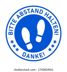 Bitte Abstand Halten ("Keep Your Distance Thank You" in German) Round Social Distancing Floor Marking Sticker Icon with Shoeprints For Queue Line. Vector Image.