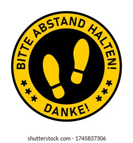 Bitte Abstand Halten ("Keep Your Distance Thank You" in German) Round Social Distancing Floor Marking Sticker Icon with Shoeprints For Queue Line. Vector Image.