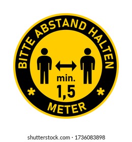 Bitte warten. 1,5 m ("Bitte mindestens 1,5 m Abstand halten" in deutscher Sprache) Instruktionssymbol für die Sozialabsonderung auf dem Fußboden. Vector Image.