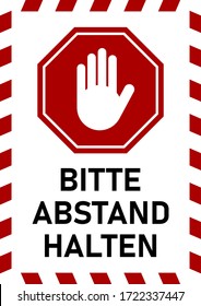 Bitte Abstand Halten ("Please Keep Your Distance" in German) Vertical Social Distancing Instruction Sign with Text, Stop Hand Sign and Stripes Frame. Vector Image.