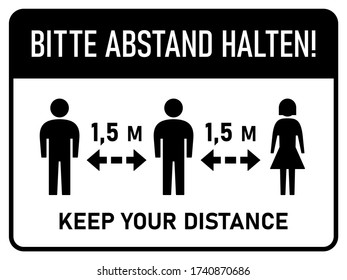 Bitte Abstand Halten ("Please Keep Your Distance" in German) Bilingual Horizontal Social Distancing 1,5 m or 1,5 Metres Instruction Sign with an Aspect Ratio of 4:3. Vector Image.
