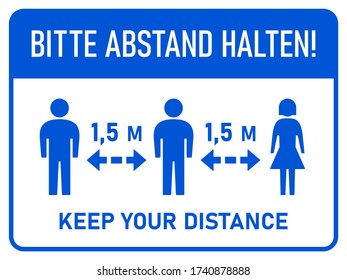 Bitte Abstand Halten ("Please Keep Your Distance" in German) Bilingual Horizontal Social Distancing 1,5 m or 1,5 Metres Instruction Sign with an Aspect Ratio of 4:3. Vector Image.