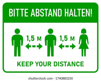 Bitte Abstand Halten ("Please Keep Your Distance" in German) Bilingual Horizontal Social Distancing 1,5 m or 1,5 Metres Instruction Sign with an Aspect Ratio of 4:3. Vector Image.