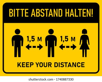 Bitte Abstand Halten ("Please Keep Your Distance" in German) Bilingual Horizontal Social Distancing 1,5 m or 1,5 Metres Instruction Sign with an Aspect Ratio of 4:3. Vector Image.