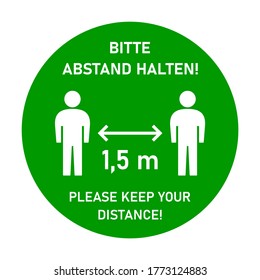 Bitte Abstand halten ("Please Keep Your Distance") 1,5 m or 1,5 Metres Round Bilingual German-English Social Distancing Floor Marking Adhesive Instruction Sign. Vector Image.