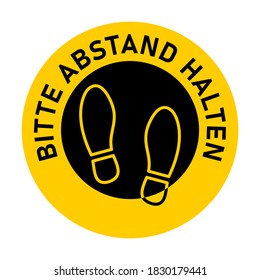 Bitte Abstand halten ("Please Keep Your Distance" in German) Round Floor Marking Sticker Icon with Text and Shoeprints for Queue Line or Other Purposes Requiring Social Distancing. Vector Image.